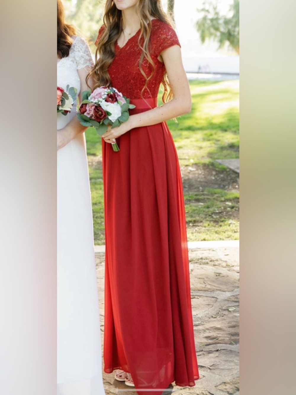 SHEIN Red Lace Bodice Chiffon Maxi Dress worn once!